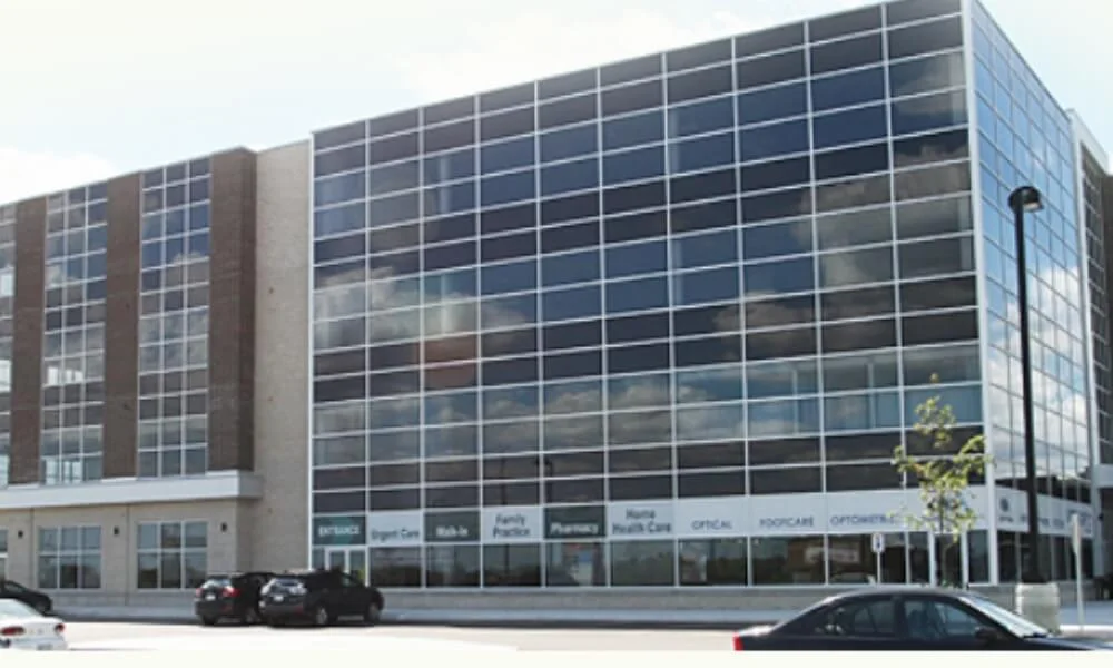 Exterior of the medical clinic building at 300 Rossland Road East in Ajax