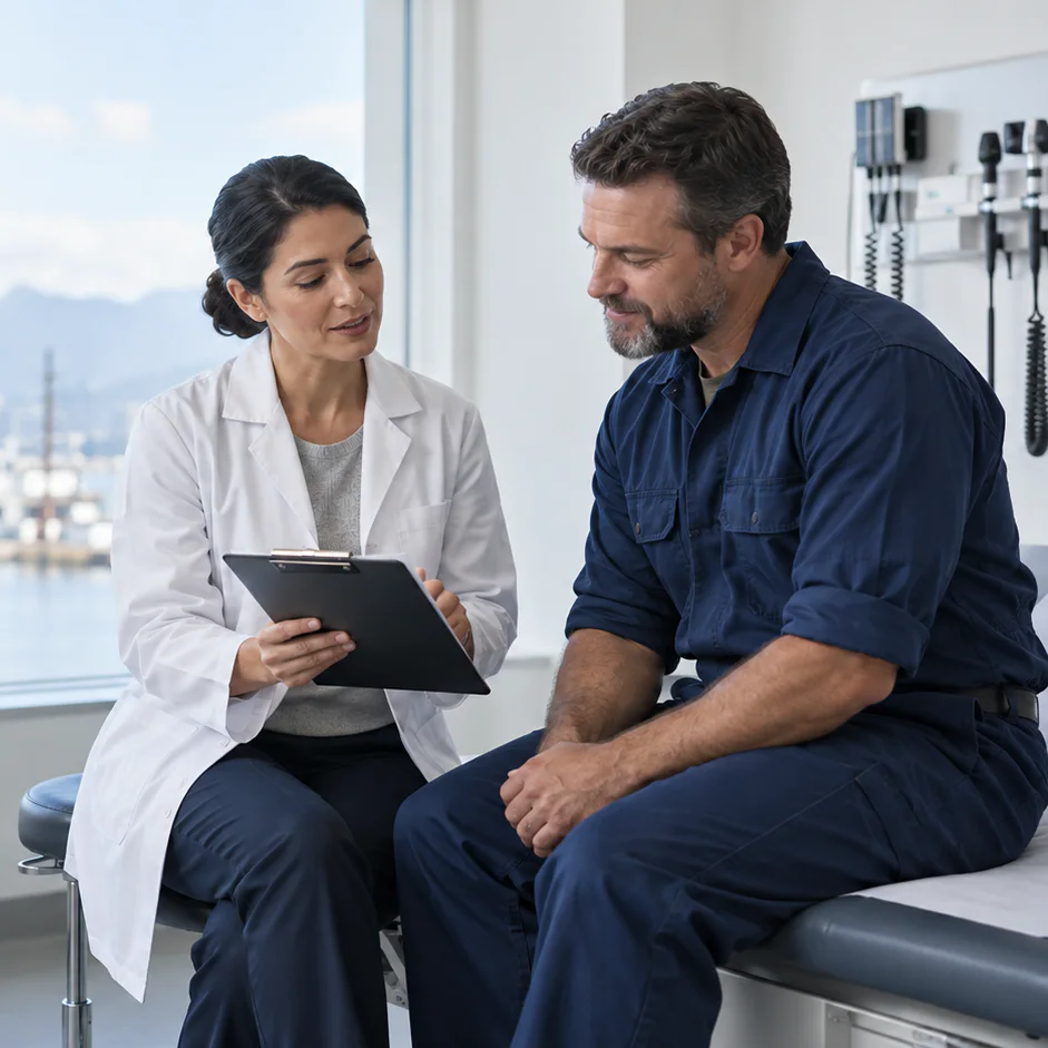 Doctor reviewing a medical assessment with a maritime worker in a waterfront clinic